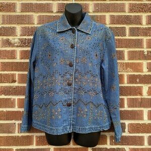 New Directions Blue Denim Jean Jacket Embellished Embroidered Womens Sz M